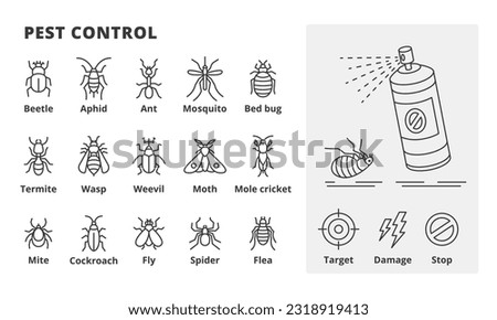 Pest Control line icons. Pests vector illustrations. Spray, Mosquito,Beetle, Aphid, Ant, Bed bug, Termite, Wasp,Weevil, Moth, Mole cricket, Mite, Cockroach, Fly, Spider, Flea icons isolated