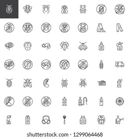Pest control line icons set. linear style symbols collection, outline signs pack. vector graphics. Set includes icons as Ant insect, Mosquito spray bottle, Cockroach, Fly swatter, Rat trap, Gas mask