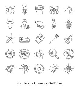 Pest control linear icons set. Extermination. Harmful animals and insects. Thin line contour symbols. Isolated vector outline illustrations. Editable stroke