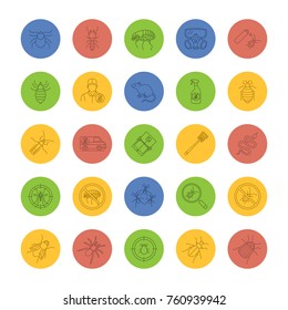 Pest control linear icons set. Extermination. Harmful animals and insects. Thin line outline symbols on color background. Vector illustrations