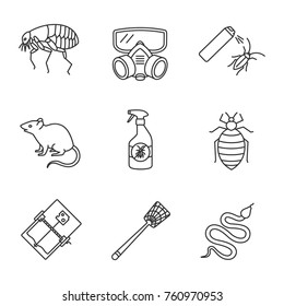 Pest control linear icons set. Flea, respirator, cockroach repellent, mouse trap, rodent, bed bug, snake, fly-swatter. Thin line contour symbols. Isolated vector outline illustrations