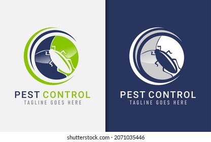 Diseño de logotipo de control de plagas con combinación de silueta de insectos y forma circular.