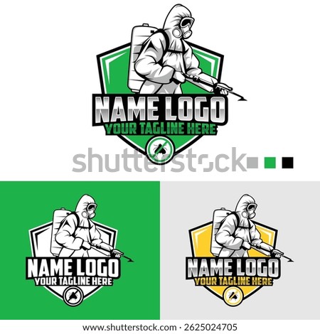 Pest control logo design. Safety pest control and protection logo design. Worker with equipment pest extermination
