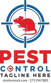Logotipo de control de plagas – Silueta de rata roja en cruz azul con tipografía audaz