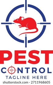 Logotipo de control de plagas: rata roja en cruz azul con tipografía de doble color audaz