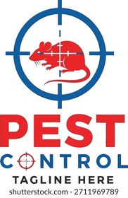 Logotipo de control de plagas: rata roja en cruz azul con texto en negrita de doble color y marcador de posición de lema
