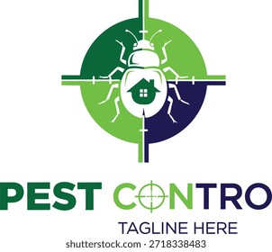Pest Control Logo – Targeted Insect with House Icon and Crosshair Symbol in Green and Blue Color Scheme