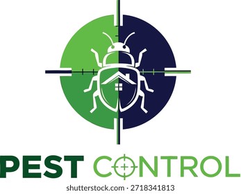 Logotipo de controle de pragas - Inseto branco com ícone de casa em verde e azul Crosshair Símbolo para proteção de marca em casa