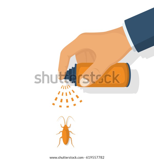 Pest control. Man hold sprayer in hand
spraying pesticide. Destruction bug. Protection house from
mosquitoes, mosquitoes, cockroaches, flies. Vector illustration
flat. Isolated on white
background.