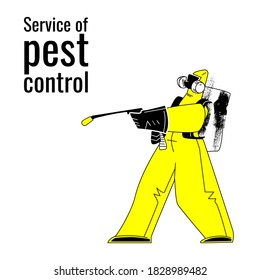 Hombre de control de plagas con un abrigo protector y respirador. Servicio de control de roedores con dispositivo para matar el vermin. Ilustración vectorial de material conceptual aislada en fondo blanco.