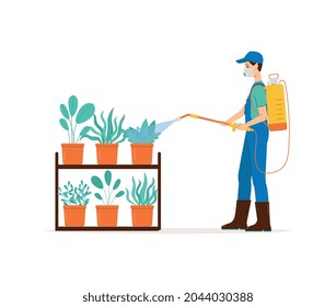 Pest control. Man spraying pesticide. Male character in protective mask with sprayer fertilizer is processing of potted plants by insecticide. Flat vector isolated illustration.