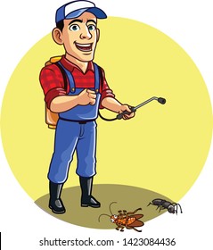 
Pest Control Man Sprays Cockroach and Ant Cartoon