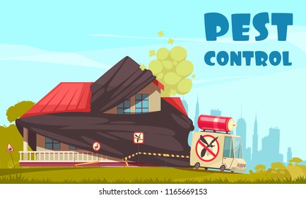 Pest Control Outside Illustration With View Of House Under Disinfection Procedures With Disinfectors Crew Car And Text Vector Illustration