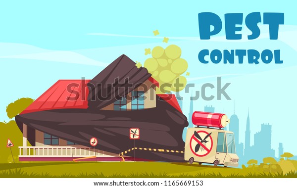 Pest control outside illustration with view\
of house under disinfection procedures with disinfectors crew car\
and text vector\
illustration