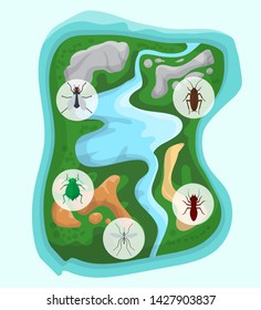 Pest control over separate green island with river and mountains. Banner detecting harmful insects and animals. Vector illustration for nature balance. Bugs, fly, cockroach and mosquito icons.