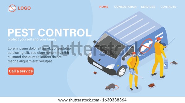Pest control page design with\
consultation and service symbols isometric vector\
illustration