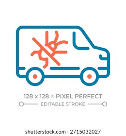 Pest control pixel perfeito ícone de linha de duas cores. Serviço profissional. Caminhão utilitário. Símbolo de contorno bicolor da van exterminadora. Pictograma linear duotônico. Ilustração isolada. Traçado editável