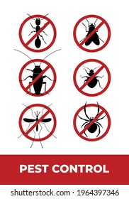 Pest control poster design, vertical orientation. Minimal graphic illustration with red circle prohibition signs of six insect pests: home ant, fly, cockroach, bedbug, mosquito, spider.
