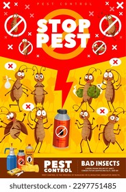 Pestkontrollposter oder -flyer. Cartoon-Schabe-Charaktere. Schädlingsbekämpfungsdienst senkrechte Banner oder Poster. Insektizide Spray-Vektorflieger mit lustiger Schabe, erschreckte, verängstigte Bug-Persönlichkeit