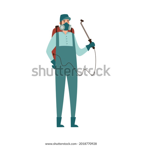 Pest control professional\
exterminator man cartoon character in uniform spraying an\
insecticide toxic spray, flat vector illustration isolated on white\
background.