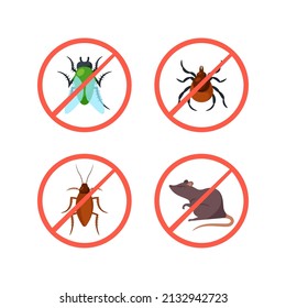 Pest Control Prohibition Signs or Icons with Beetle, Cockroach, Rat or Mouse and, Fly and Tick in Crossed Red Circles Isolated on White Background. Dangerous Insects Warn. Cartoon Vector Illustration