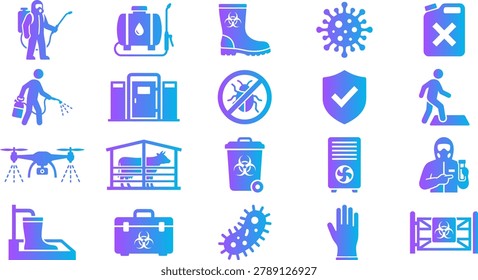 Pest control and safety icons including hazmat suit sprayer boots virus and biohazard symbols.