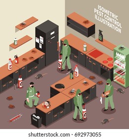 Pest control scene with workers in uniform with equipment insects and rodents kitchen interior isometric vector illustration