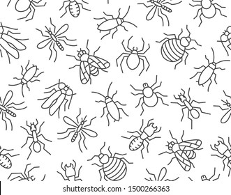 Pest control seamless pattern with flat line icons. Insects background - mosquito, spider, fly, cockroach, ant, termite vector illustrations for extermination service.