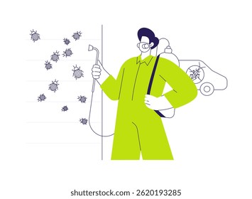 Pest control service abstract concept vector illustration. Smiling pest control service worker with sprayer near truck, private house maintenance, mold extermination abstract metaphor.