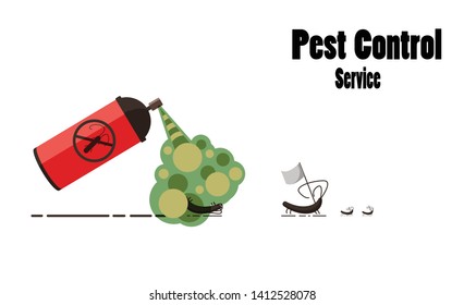 Pest control service banner. illustration of insect aerosol on white background. Anti-bug spray. Cockroaches run away with white flag
