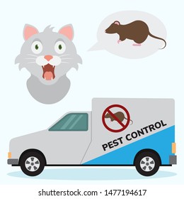 Pest control service car with mouse sign and cats head vector illustration. Getting rid of mice and different pests control service on white background.