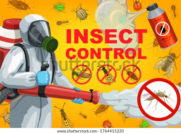 Pest control service cartoon vector of\
exterminator, insects and bugs. Pesticide spray or desinfection\
insecticide, cockroach, mosquito, termite, ant and tick, fly,\
colorado beetle, aphid and\
ladybug