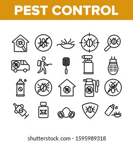 Pest Control Service Collection Icons Set Vector Thin Line. Insects Exterminator And Protection Mask, Bug And Mosquito, Anti Pest Mark Concept Linear Pictograms. Monochrome Contour Illustrations