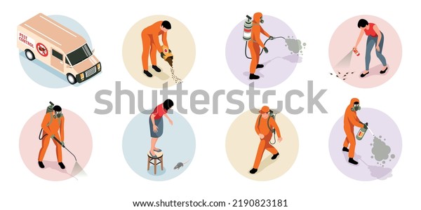 Pest control service compositions set of\
professional workers in uniform exterminating insects and rodents\
isolated isometric 3d vector\
illustration