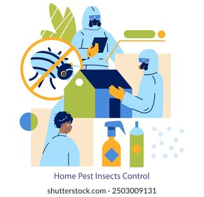 Concepto de servicio de control de plagas. Profesionales con equipo de protección que utilizan insecticidas para eliminar las infestaciones en el hogar. Estrategia eficaz de gestión de plagas. Ilustración vectorial.