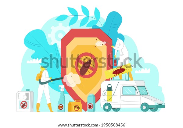 Pest control service concept, vector illustration.
People character in uniform spray chemical insecticide for
protection against insect