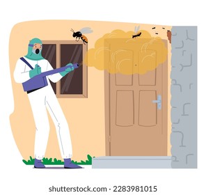 Pest Control Service Effectively Tackles Wasp Infestation At Cottage House. Professional Worker Utilizing Effective Methods And Techniques To Eliminate The Insects Swarm. Cartoon Vector Illustration