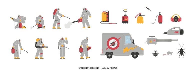 Pest control service elements set - flat vector illustration isolated on white background. Professional exterminator in protective suit, car, bugs and insects, poison and disinfection sprays.