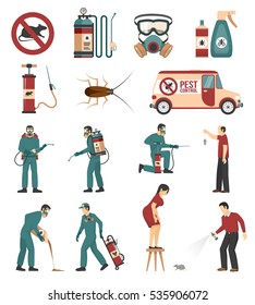 Pest control service equipment treatments and products flat icons collection with cockroaches and rats removal isolated vector illustration 