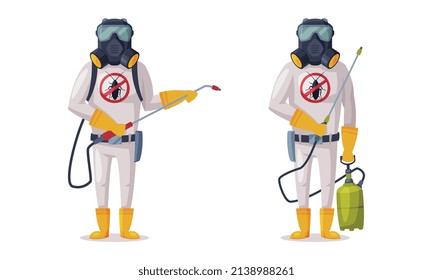 Pest Control Service with Equipped Man in Protective Suit Holding Chemical Cylinder Vector Set