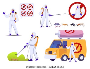 Pest control service exterminator, set of flat vector illustrations isolated on white background. Man in protective suit with spray disinfects insects, rodents. Pest control car, prohibition sign.