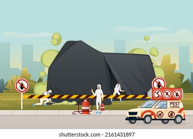 Servicio de control de plagas para el exterminador de hogar Insecticida ilustración del vector del coche ciudad paisaje de fondo