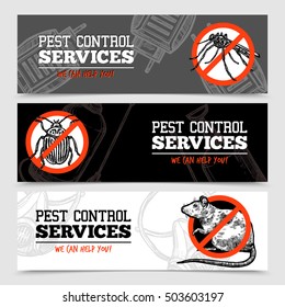 Pest control service horizontal sketch banners with insects and rodent isolated vector illustration