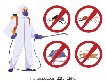 Pest control service, insects and rodents under red prohibition sign - flat vector illustration isolated on white. Exterminator in protective suit with spray. Disinfection against termites and rats.