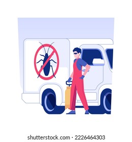 Pest control service isolated concept vector illustration. Smiling pest control service worker with sprayer near truck, private house maintenance, mold extermination vector concept.