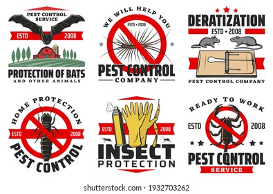 Iconos vectoriales aislados del servicio de control de plagas. Protección de murciélagos, ratas o ratones y ciempiés, peces silvestres y escorpión con hormigas, signos de prohibición de mosquitos, exterminación de insectos peligrosos, repelentes