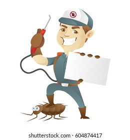 Pest control service killing cockroach and holding business card