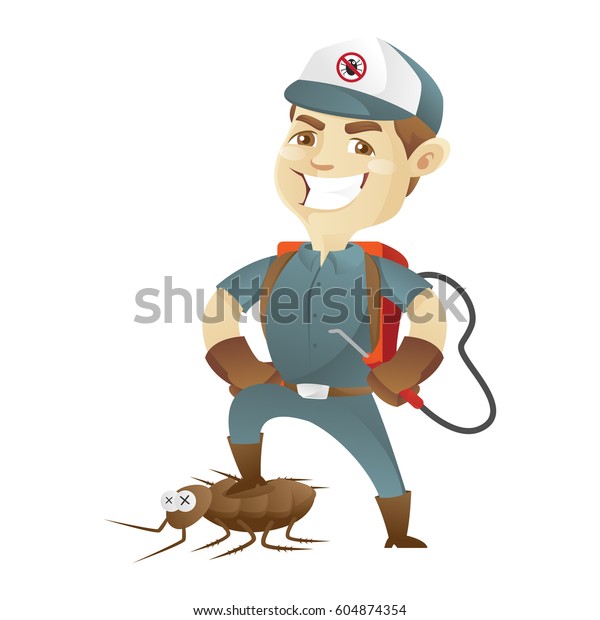 Pest control service killing cockroach and\
holding pest sprayer