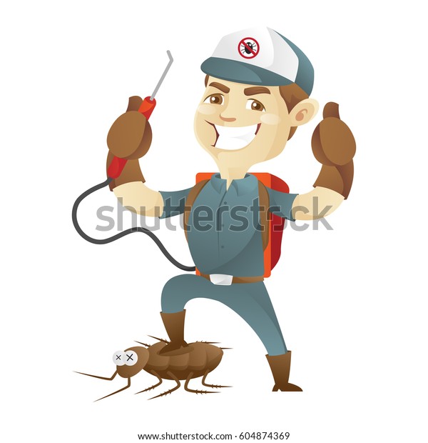 Pest control service killing cockroach and giving\
thumb up