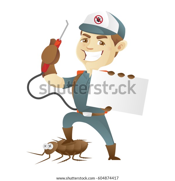 Pest control service killing cockroach and holding\
business card
